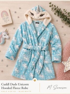 Cuddl Duds Unicorn Hooded Fleece Robe – Girls Size 6X – Blue/White